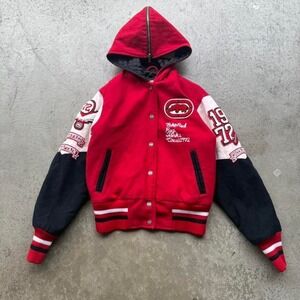 Vintage Ecko Red Jacket Women Small Hooded Varsity Letterman Wool Patches Jacket